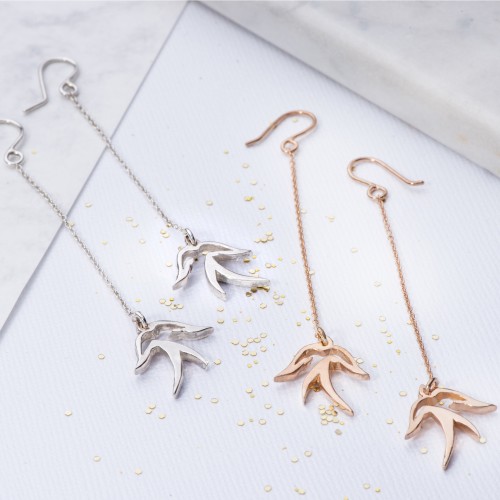 Drop bird earrings in silver and rose gold