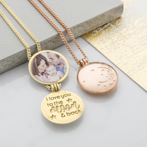 Rose and yellow gold I love you to the moon and back locket necklaces