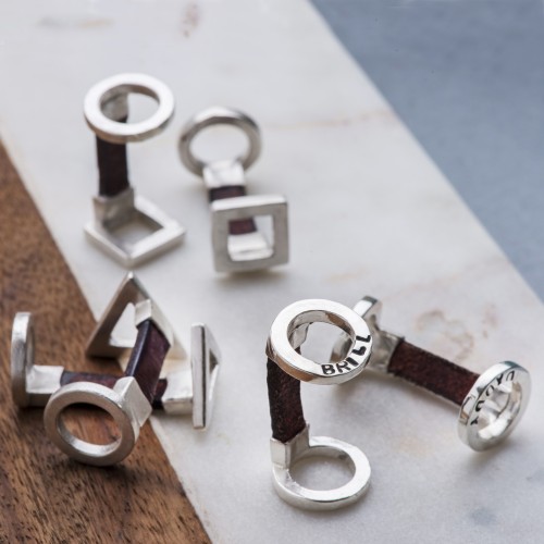Personalised geometric silver and Leather cufflinks