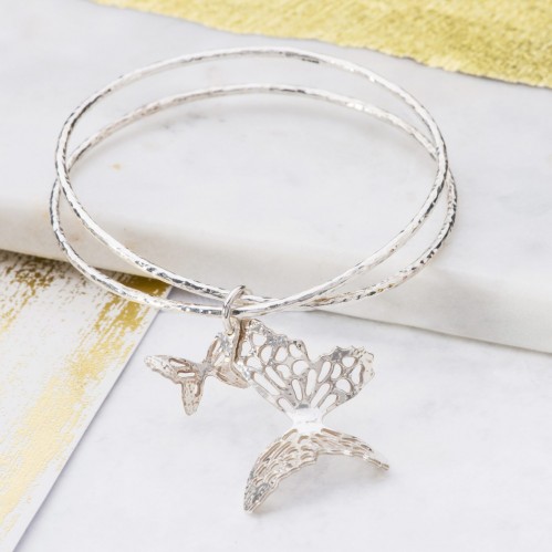 Silver butterfly bangle with butterfly charms