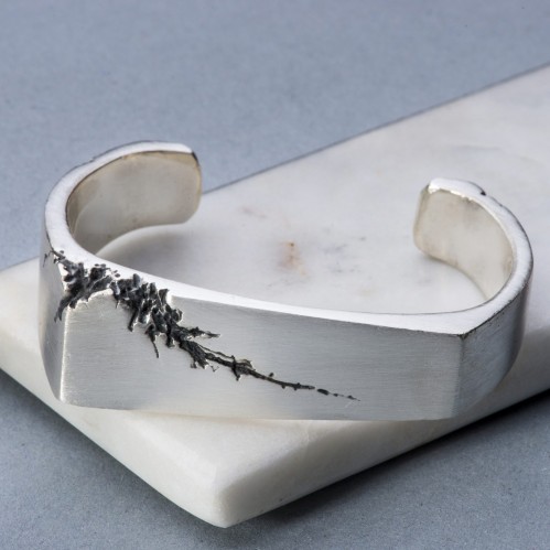 Angular solid silver mens cuff with crack detail