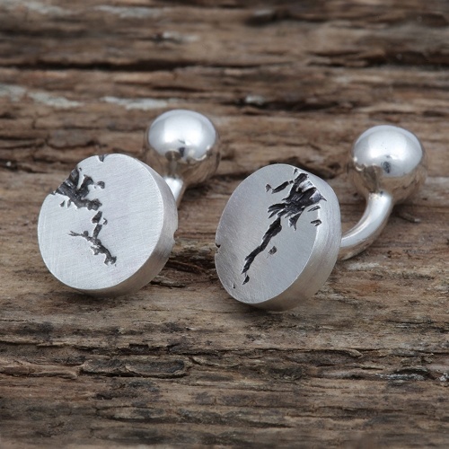 Handmade Circular cufflinks with torn detail, blackened in silver. Ideal gift for Fathers Day and Birthdays.